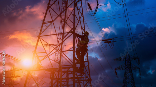 Silhouette electrician work on high ground heavy industry concept