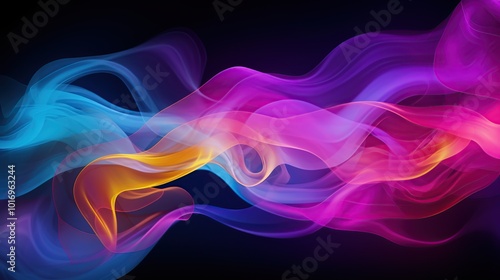 Abstract colorful smoke wave on black background. Fluid neon light effect. Bright neon colors flowing concept