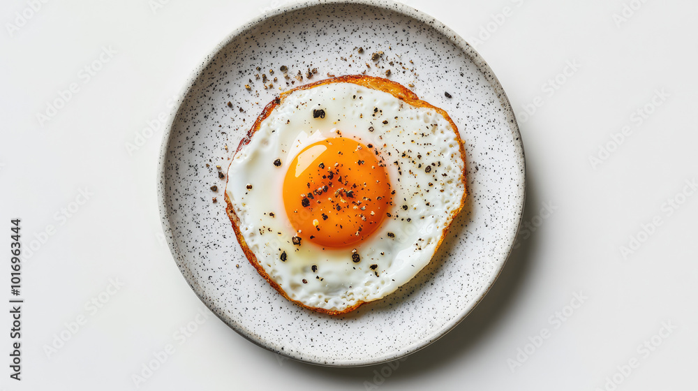 A beautifully cooked sunny-side-up egg sits atop a speckled plate, garnished with freshly cracked black pepper, emphasizing simplicity and culinary artistry. A beautifully cooked sunny-side-up egg sits atop a speckled plate, garnished with freshly cracked black pepper, emphasizing simplicity and culinary artistry.