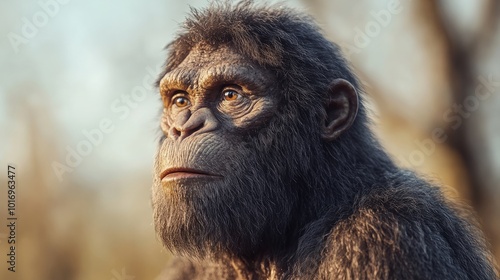 Fototapeta Naklejka Na Ścianę i Meble -  Close-up portrait of a Homo habilis with detailed fur textures and expressive eyes, set against a savannah landscape.