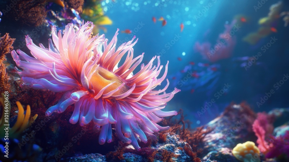 A vibrant underwater scene featuring a colorful sea anemone surrounded by marine life. A vibrant underwater scene featuring a colorful sea anemone surrounded by marine life.