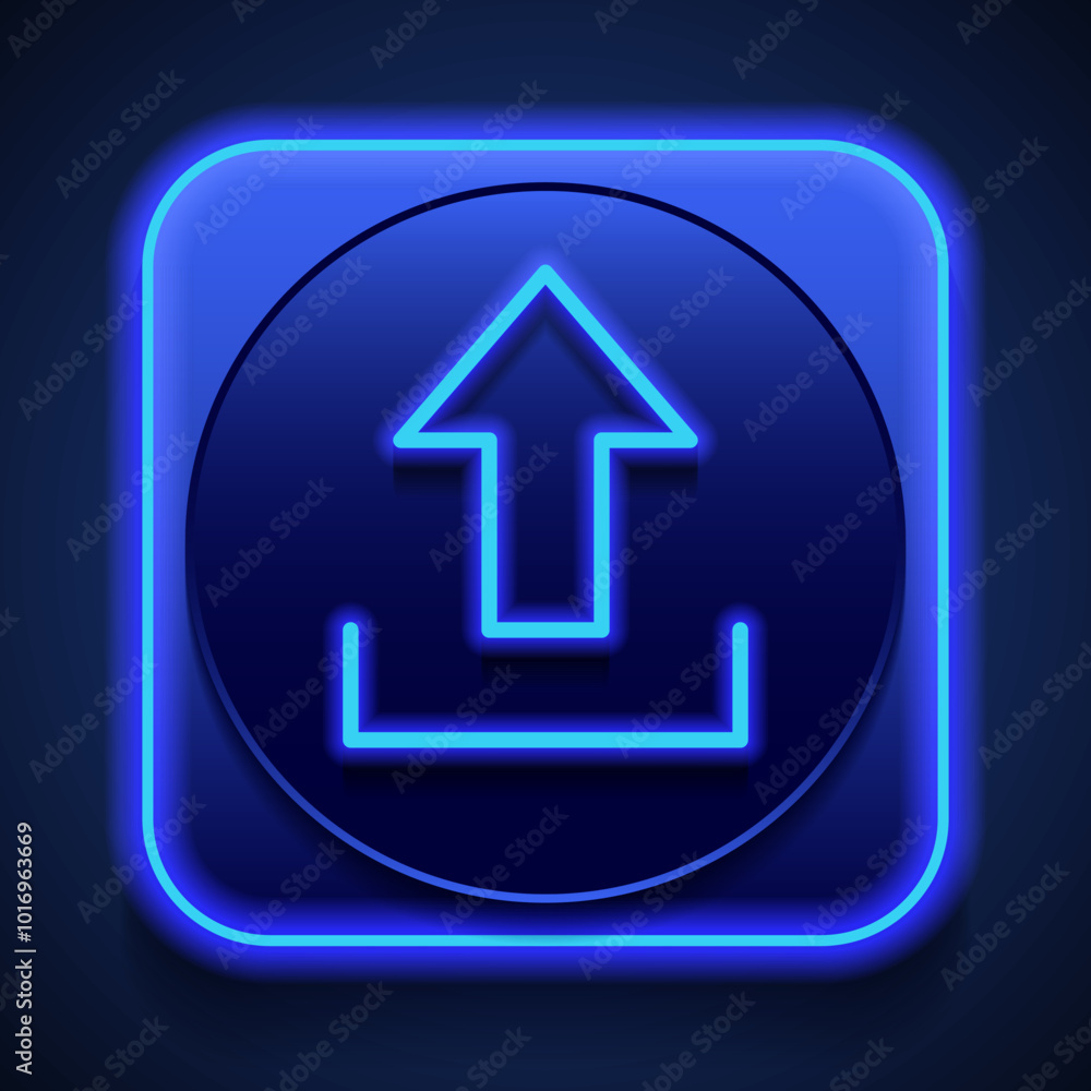 Upload simple icon, vector. Flat design. Blue neon style on button. With shadow Upload simple icon, vector. Flat design. Blue neon style on button. With shadow