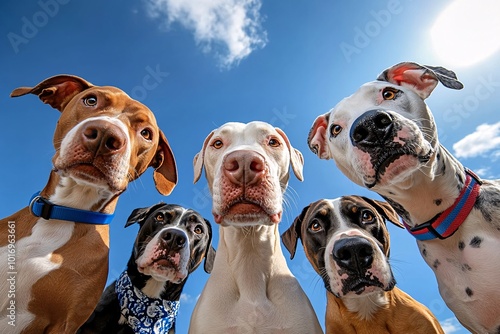playful dogs looking down at the camera in a circular formation, captured from a low-angle perspective.