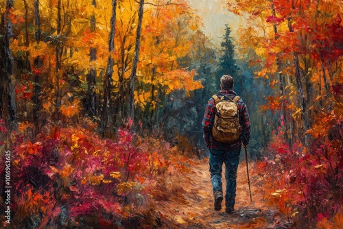 autumn hiking trail, a hiker in a comfortable flannel walks through a forest path, stepping on vibrant autumn leaves in shades of red and gold