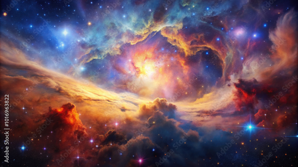 Colorful cosmic nebula in deep space with glowing stars, swirling clouds of gas, and vibrant celestial patterns creating a stunning universe Colorful cosmic nebula in deep space with glowing stars, swirling clouds of gas, and vibrant celestial patterns creating a stunning universe