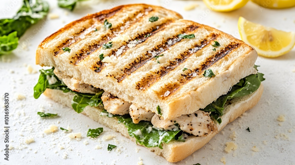 Chicken Caesar panini with grilled chicken and romaine, isolated on a light background with Parmesan flakes and lemon wedges Chicken Caesar panini with grilled chicken and romaine, isolated on a light background with Parmesan flakes and lemon wedges