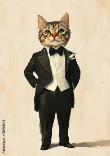 A cat costumes wearing wedding animal portrait painting.