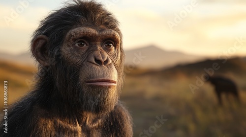 Fototapeta Naklejka Na Ścianę i Meble -  A close-up portrait of a Homo habilis, a prehistoric human ancestor, gazing thoughtfully into the distance against a backdrop of a golden savanna landscape.