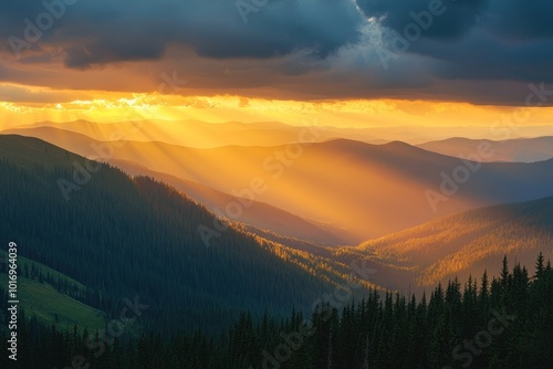 Sunset over autumn forested mountains with dramatic clouds and golden light Generative AI