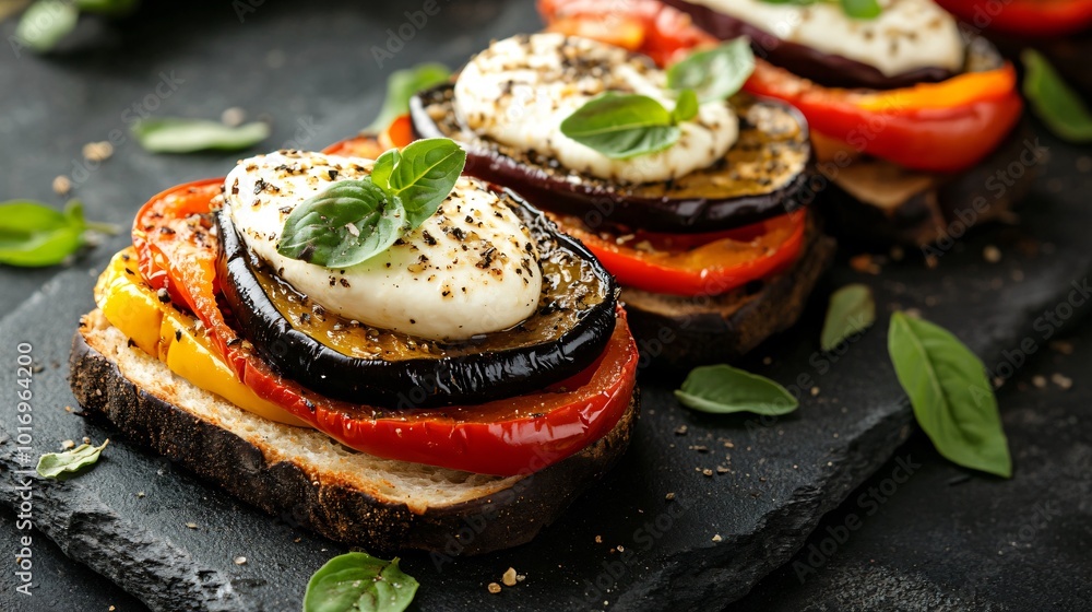 Eggplant and mozzarella panini, isolated on a stone background with fresh oregano and roasted bell peppers Eggplant and mozzarella panini, isolated on a stone background with fresh oregano and roasted bell peppers