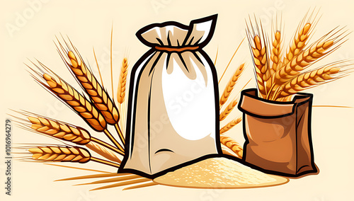 stylized vector image depicting wheat ears surrounded fully stocked bag flour