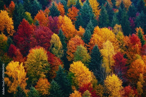 Aerial view of vibrant autumn forest with colorful foliage and lush green trees Generative AI