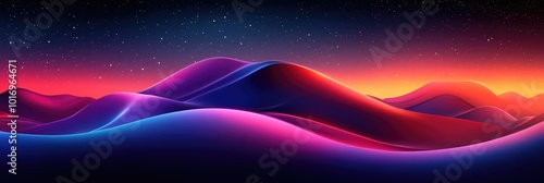Vibrant neon landscape panorama featuring abstract illuminated hills against a starry night backdrop