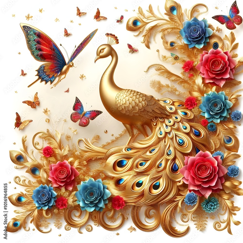 Flowers and a peacock surround a peacock golden with colored roses
Flowers and a peacock surround a peacock golden with colored roses