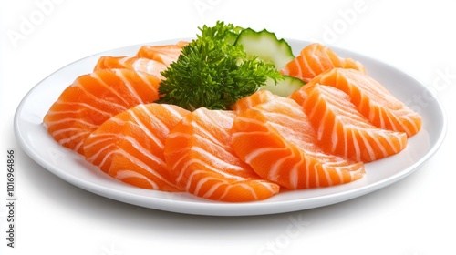 Fresh Salmon Slices on Plate with Garnish