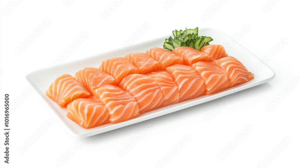 Fresh Salmon Slices on White Plate Fresh Salmon Slices on White Plate