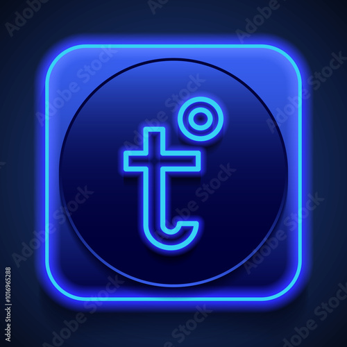 Temperature simple icon vector. Flat design. Blue neon style on button. With shadow