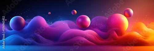 Abstract panoramic banner depicting colorful interstellar gas clouds and planets in space