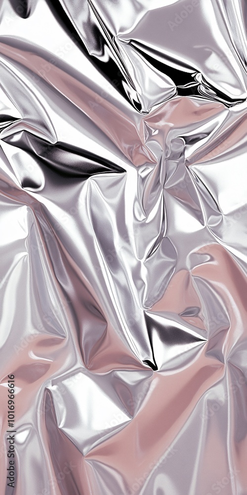 a crinkled and textured sheet of silver material, possibly resembling aluminum foil. The surface is highly reflective, with intricate lines and folds that create a dynamic pattern of light and shadow. a crinkled and textured sheet of silver material, possibly resembling aluminum foil. The surface is highly reflective, with intricate lines and folds that create a dynamic pattern of light and shadow.