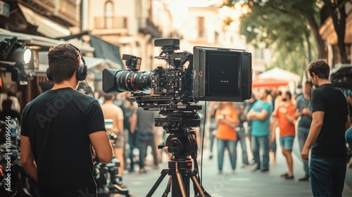 Filmmaker Capturing Street Scene with Camera