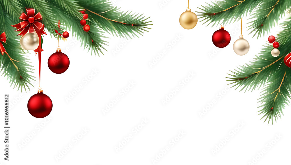 christmas decorations featuring tree branches baubles isolated white background christmas decorations featuring tree branches baubles isolated white background