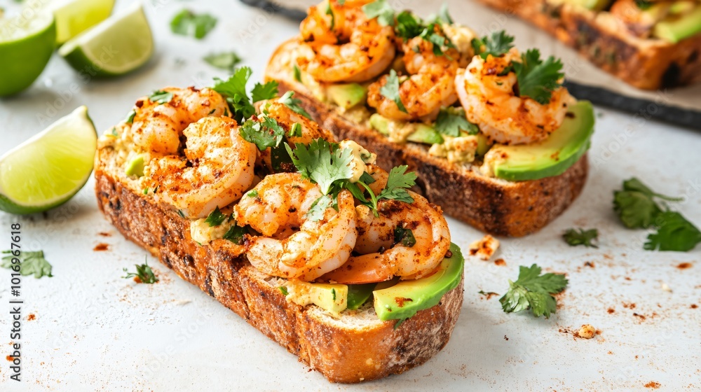 Spicy shrimp panini with avocado and chipotle mayo, isolated on a light background with cilantro and lime wedges Spicy shrimp panini with avocado and chipotle mayo, isolated on a light background with cilantro and lime wedges