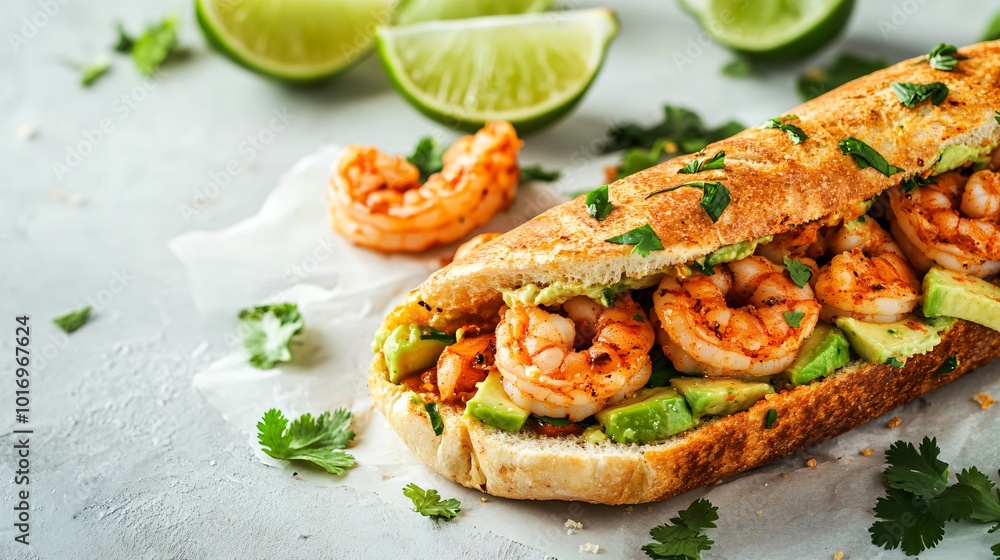 Spicy shrimp panini with avocado and chipotle mayo, isolated on a light background with cilantro and lime wedges Spicy shrimp panini with avocado and chipotle mayo, isolated on a light background with cilantro and lime wedges