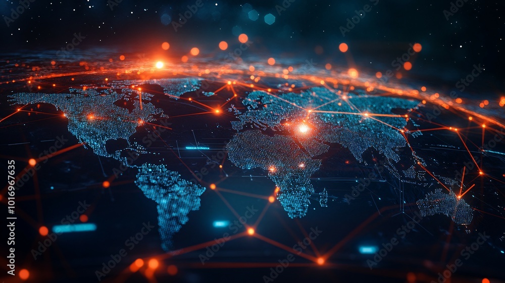 Obraz premium A Digital World Map with Interconnected Nodes and a Bokeh Background