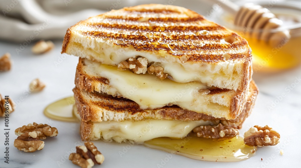 Toasted brie and pear panini, isolated on a white marble background with a honey drizzle and walnut accents Toasted brie and pear panini, isolated on a white marble background with a honey drizzle and walnut accents