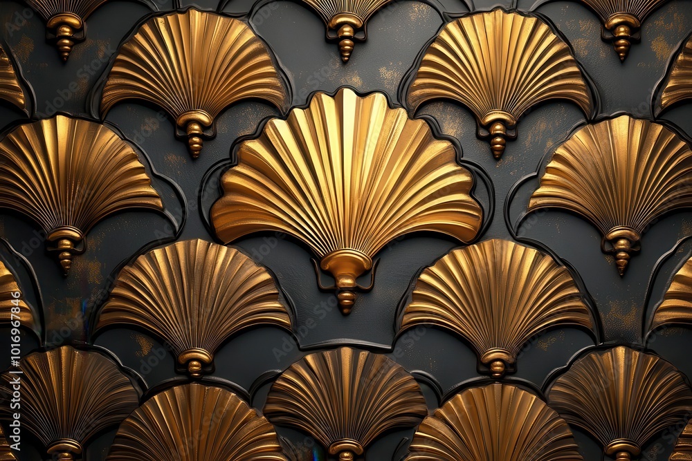 elegant golden art deco pattern with repeating fan or shell motif seamless geometric design with luxurious metallic finish vintageinspired illustration elegant golden art deco pattern with repeating fan or shell motif seamless geometric design with luxurious metallic finish vintageinspired illustration