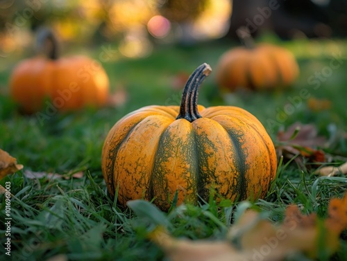 Pumpkin Harvest Autumn Decoration on Grass photo