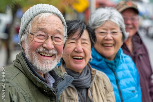 Portrait of happy senior asian family in china town.