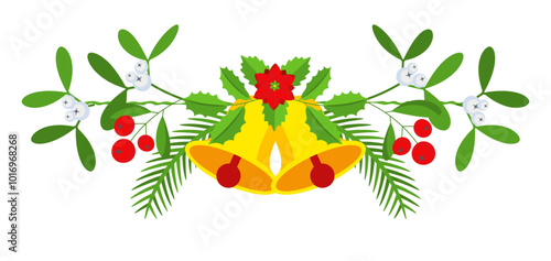 Christmas garland with bells and plant branches, flowers and berries.