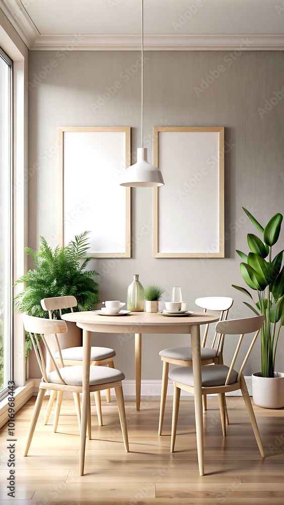 Fototapeta premium Mock up frame in cozy modern dining room interior, 3d render, white Mock up frame