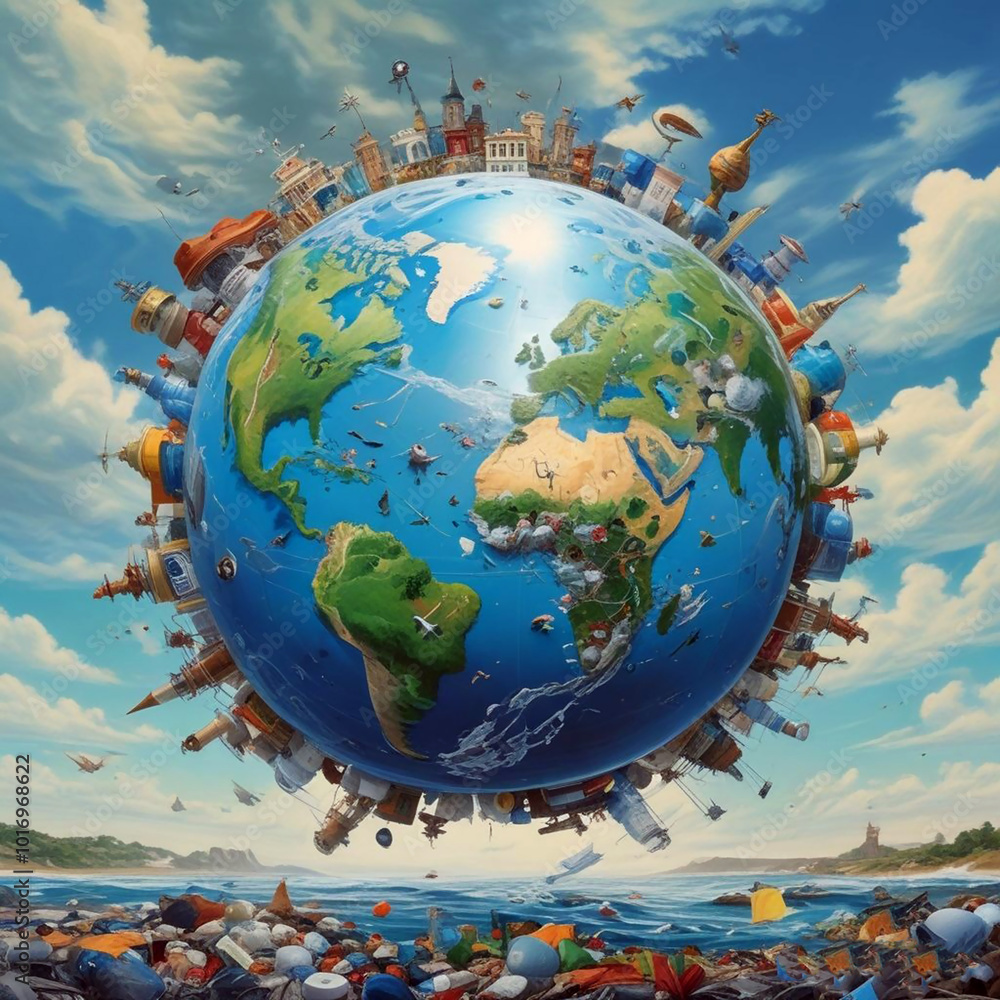 Realistic illustration of earth globe surround with plastic pollution with blue sky. Realistic illustration of earth globe surround with plastic pollution with blue sky.
