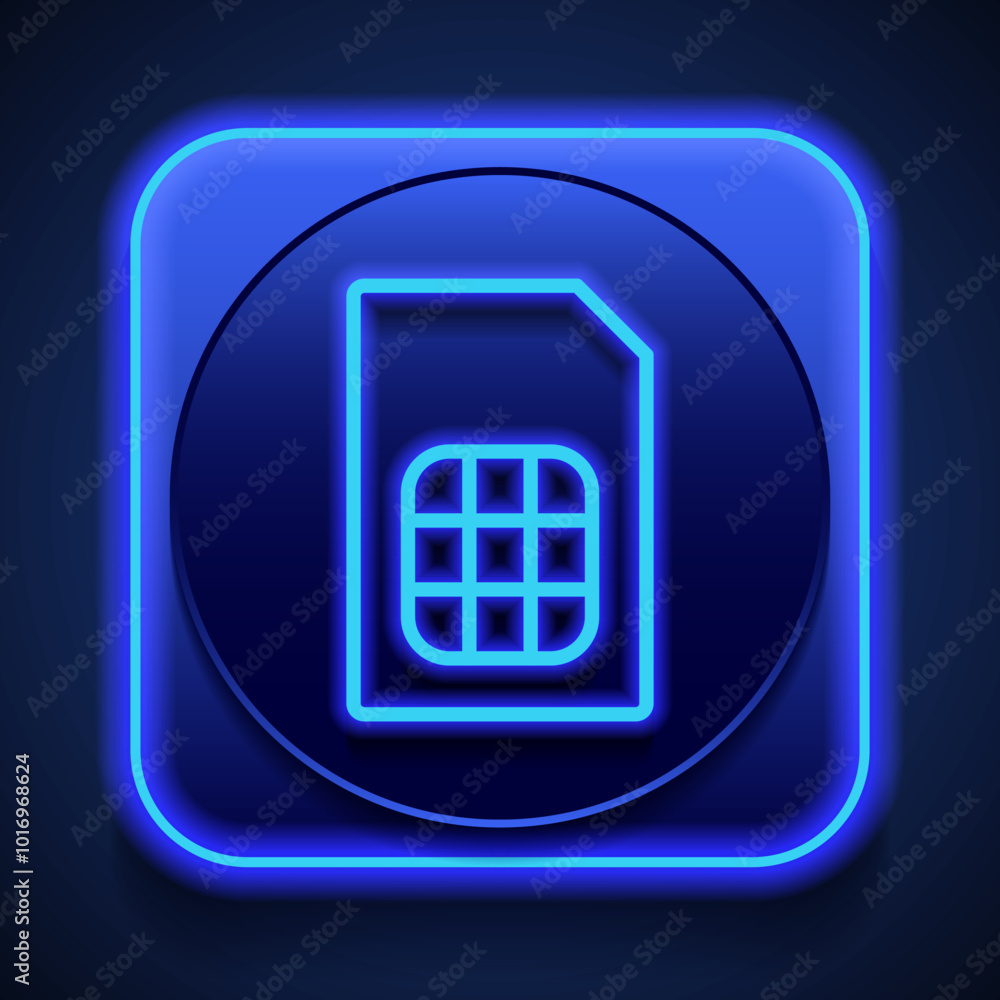 Sim card simple icon. Flat design. Blue neon style on button. With shadow Sim card simple icon. Flat design. Blue neon style on button. With shadow