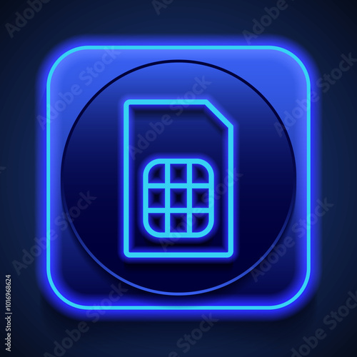 Sim card simple icon. Flat design. Blue neon style on button. With shadow