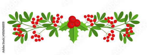 Christmas floral border. Spruce evergreen branch, poinsettia and holly berry