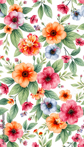 Wallpaper Mural Colorful floral seamless pattern with flowers and green leaves in rustic provence style, watercolor illustration on ivory background for textile, wallpaper or wrapping paper isolated with white high Torontodigital.ca