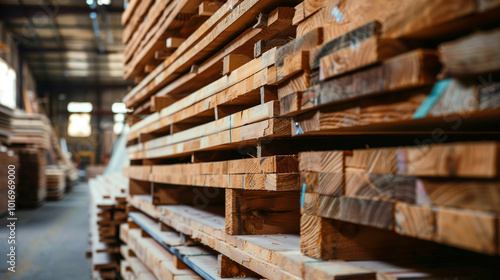 Stack of wooden boards in a warehouse or factory