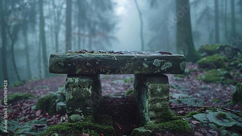 Stone Bench in a Foggy Forest