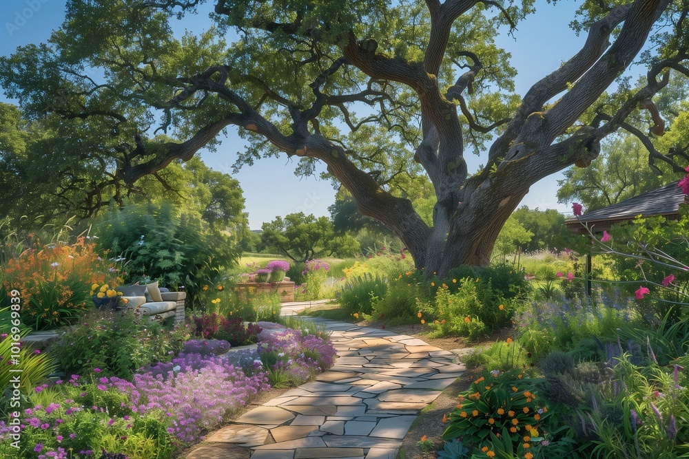A vibrant summer garden featuring a mix of flowering shrubs and perennials, with a stone pathway leading to a shaded seating area beneath a large oak tree. A vibrant summer garden featuring a mix of flowering shrubs and perennials, with a stone pathway leading to a shaded seating area beneath a large oak tree.