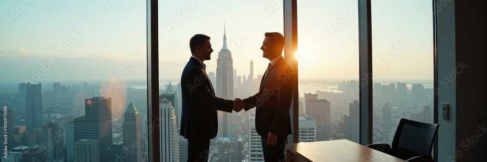 Businessmen shaking hands in a skyscraper at sunset - Successful Partnership - Corporate Deal Businessmen shaking hands in a skyscraper at sunset - Successful Partnership - Corporate Deal