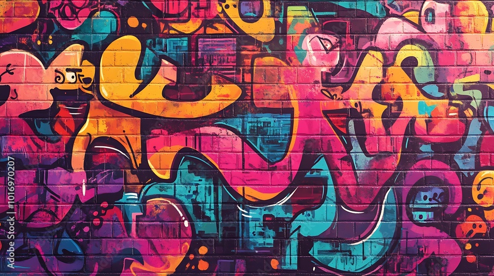 Colorful graffiti art on a brick wall with vibrant hues of pink, yellow, blue, and purple. Colorful graffiti art on a brick wall with vibrant hues of pink, yellow, blue, and purple.