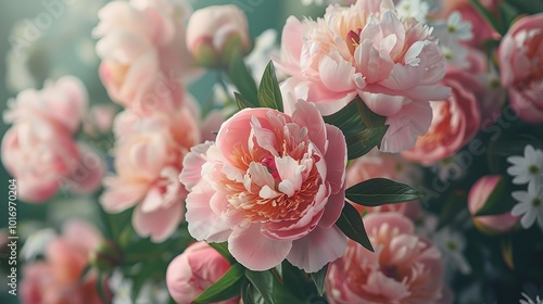 Closeup of Delicate Pink Peonies in Bloom