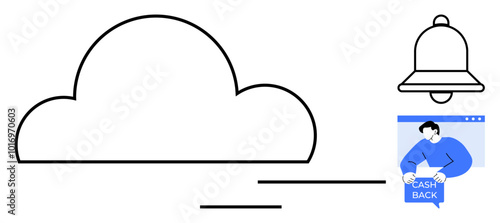 Cloud outline with lines representing speed. Nearby, a notification bell and a person with a cashback sign are visible. Ideal for technology, online services, notifications, digital marketing