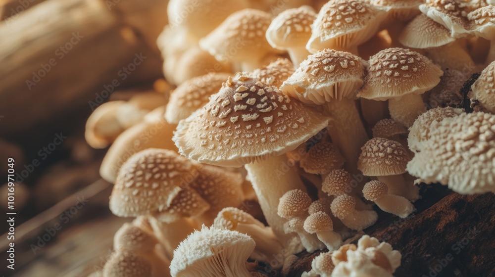A close-up of wild and cultivated mushrooms, with detailed textures on a wooden surface and soft light. Includes copy space for text on the background. A close-up of wild and cultivated mushrooms, with detailed textures on a wooden surface and soft light. Includes copy space for text on the background.