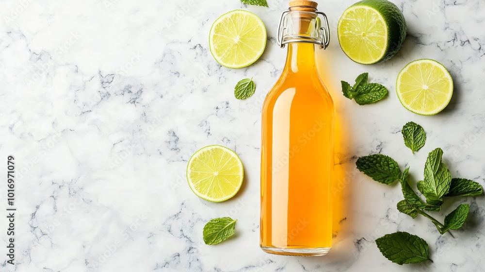 A bottle of green tea kombucha, isolated on a marble background with fresh mint leaves and sliced lime A bottle of green tea kombucha, isolated on a marble background with fresh mint leaves and sliced lime