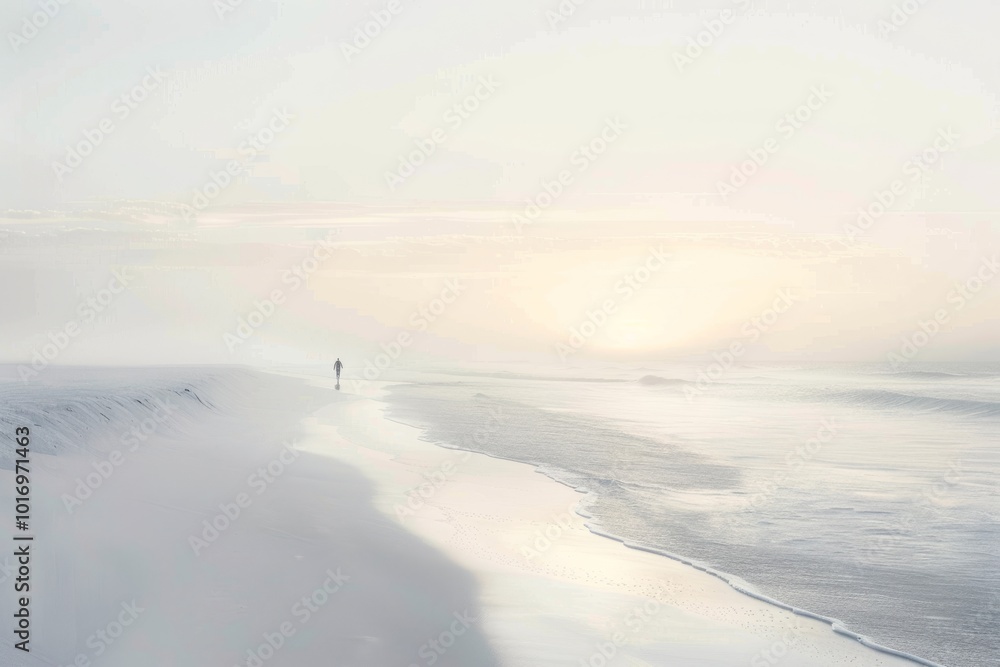 A serene, minimalist photograph of a lone traveler walking along a deserted beach at twilight A serene, minimalist photograph of a lone traveler walking along a deserted beach at twilight