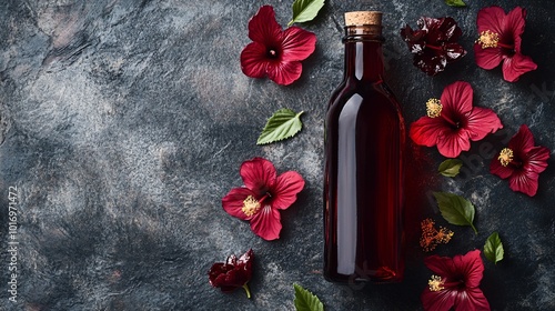 A dark bottle of hibiscus kombucha, isolated on a slate background with scattered hibiscus flowers and edible gold accents photo